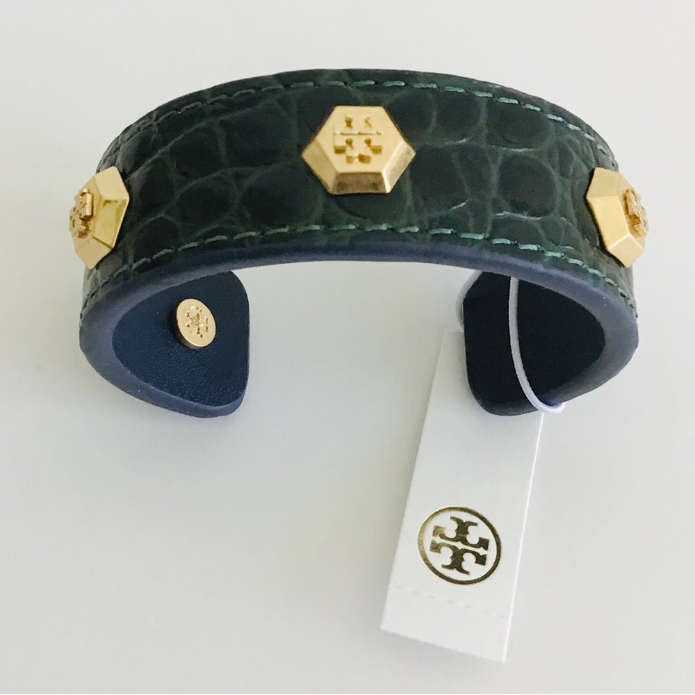 Tory Burch Logo Hex Stud Croc Embossed Leather Cuff Open Bracelet
